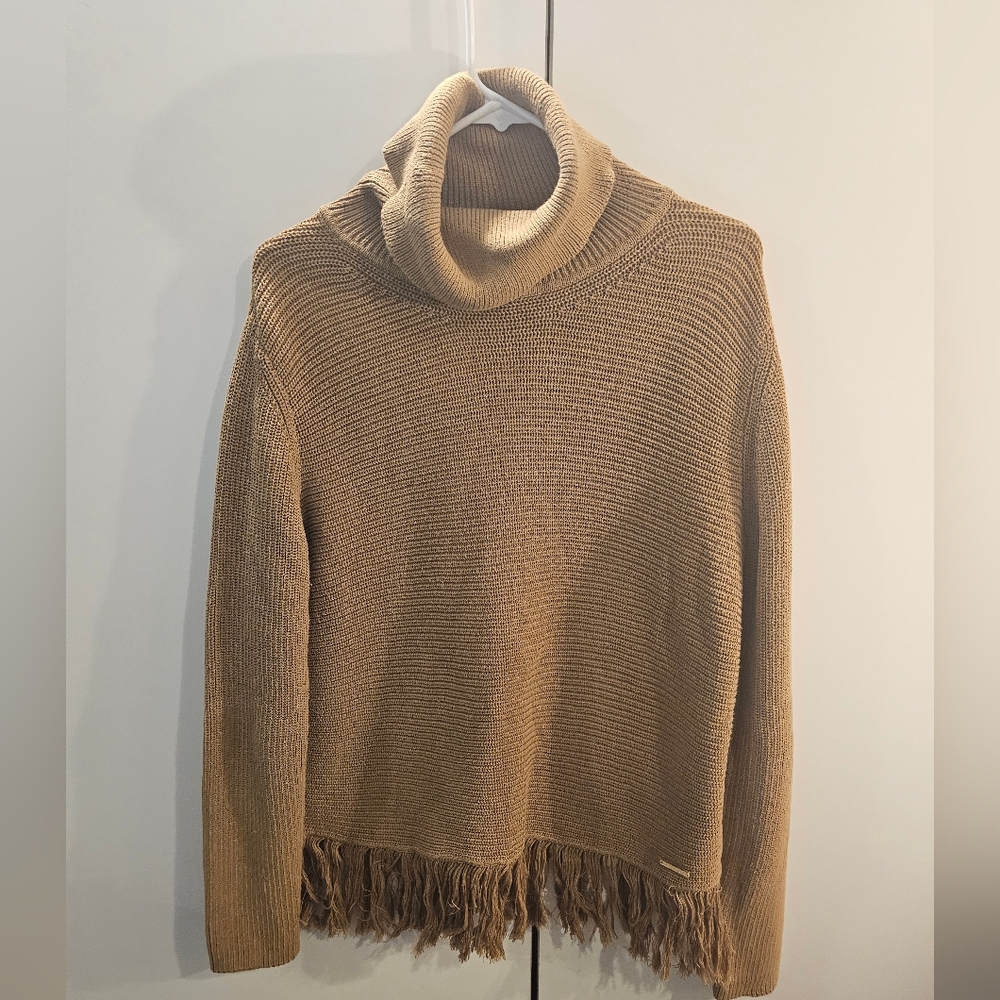Tan Knit Turtleneck Sweater with Fringe